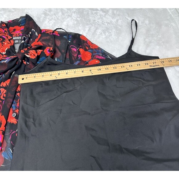 DKNY Black Red Floral Neck Bow Tie 3/4 Sleeve Semi-Sheer Blouse w/Camisole Sz M - Picture 15 of 16